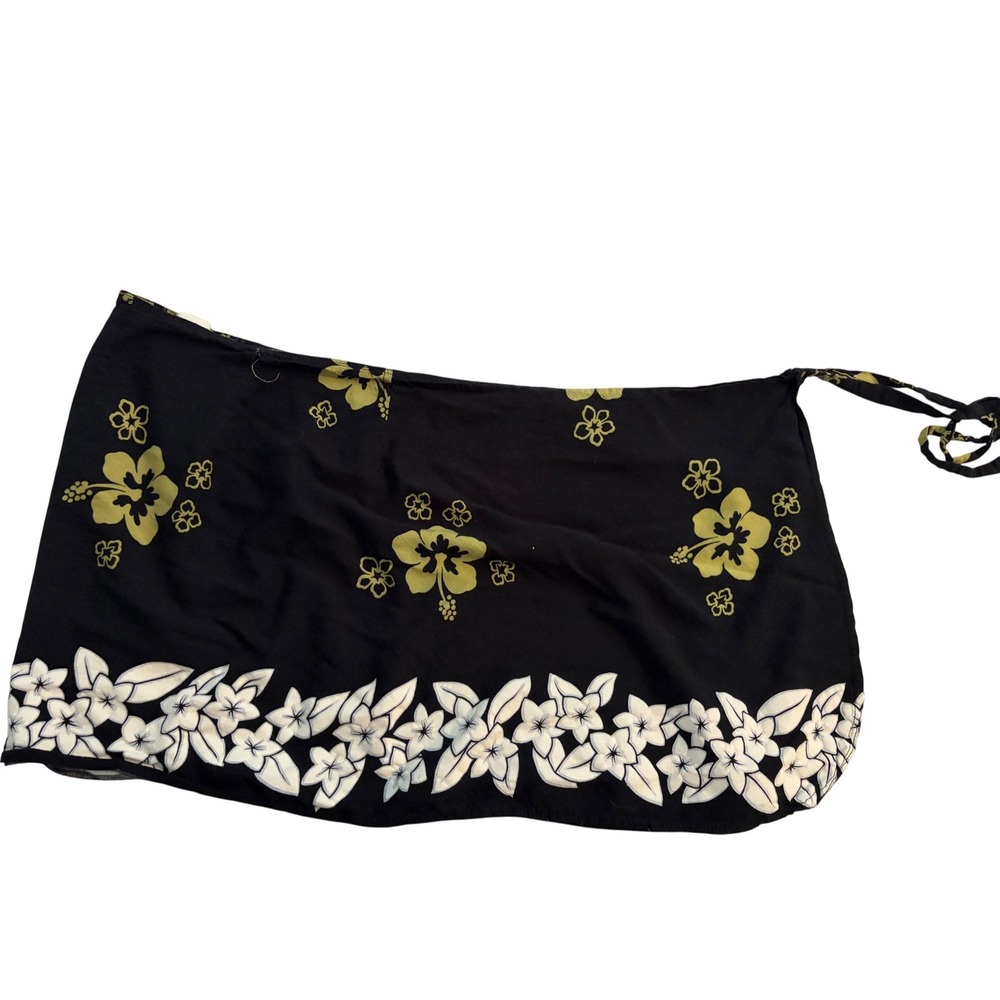 Quality Craft Wrap Skirt Tropical Floral Black Hibiscus Tie Waist OS